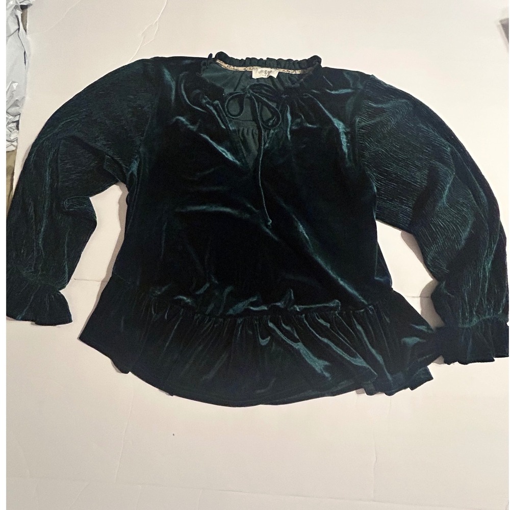 Umgee Forest Green Velvet Ruffle Hem Tie Neck Blouse Pleated Sleeve Top